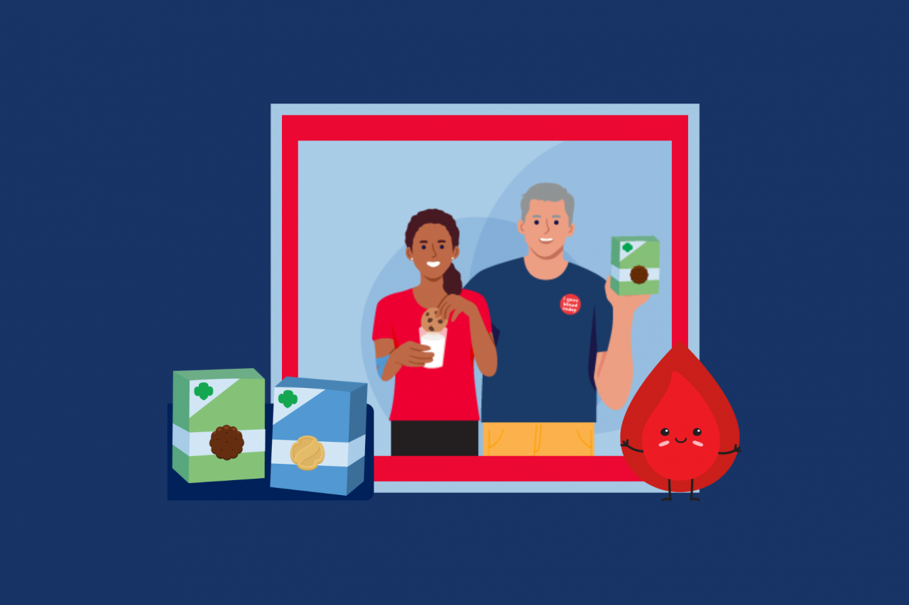 Illustration of a woman and man enjoying their free box of Girl Scout Cookies. Bottom left: illustration of 2 boxes of Girl Scout Cookies. Bottom right: illustration of an anthropomorphic blood drop.