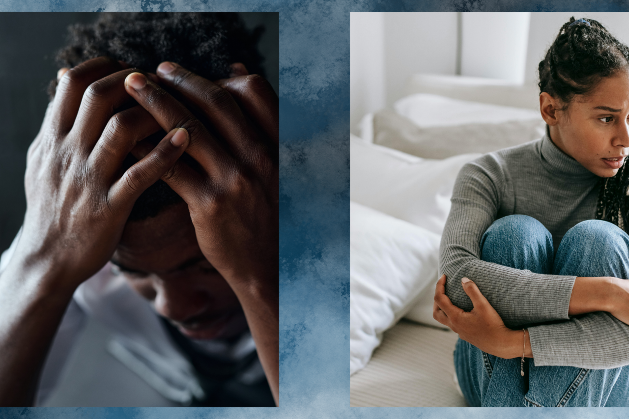 Abstract blue pastel background with the image on the left of an African American man with depression worrying while holding his head in his hands, and an image on the right of a woman of color with anxiety hugging her knees while sitting on a bed alone.