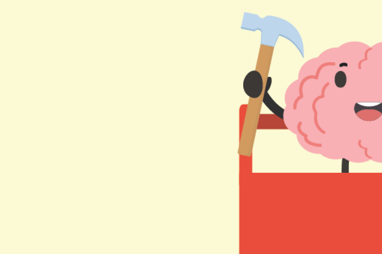 A cartoon brain in a tool box with a hammer in one hand and a wrench in the other with a pale yellow background.