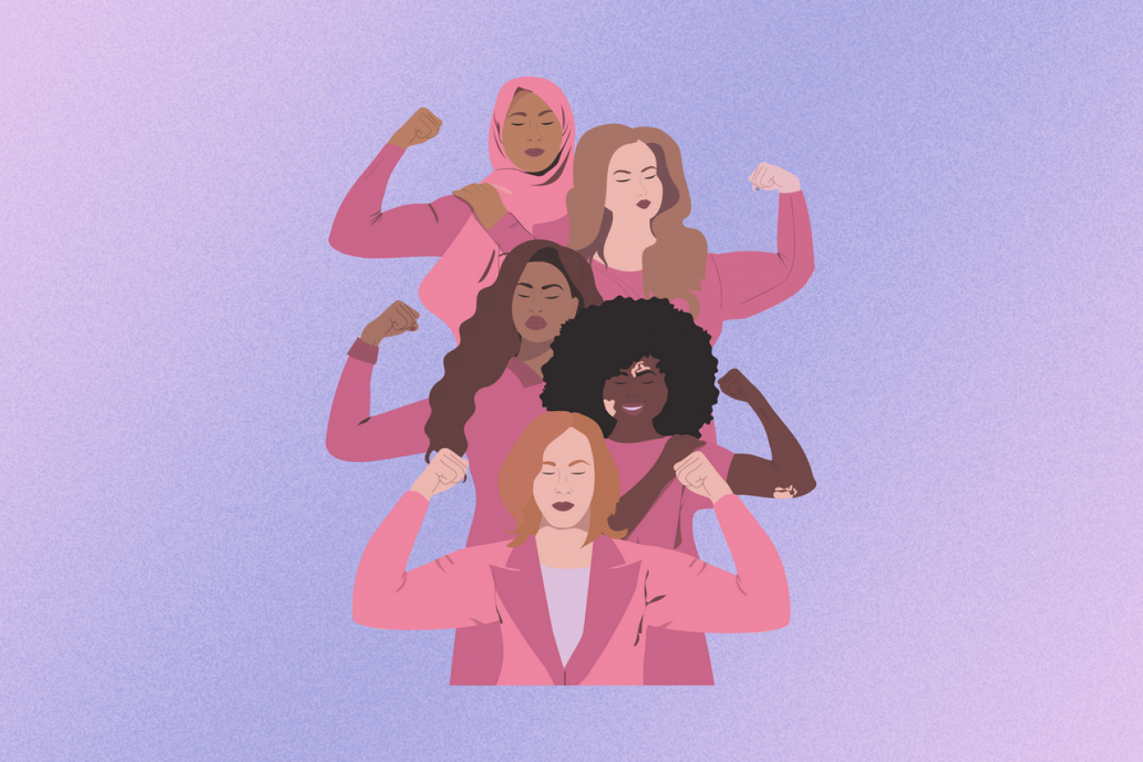 A group of women wearing pink making a muscle gesture on a pink and purple ombre background.