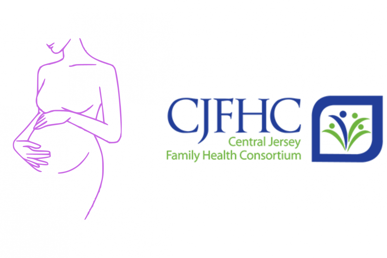 Line art of pregnant person on the left, with the CJFHC logo on the right.