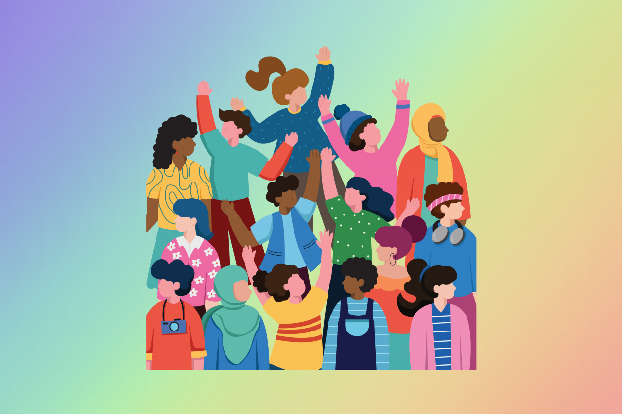 Illustration of people of all gender, ethnicities, orientations celebrating community as a group.