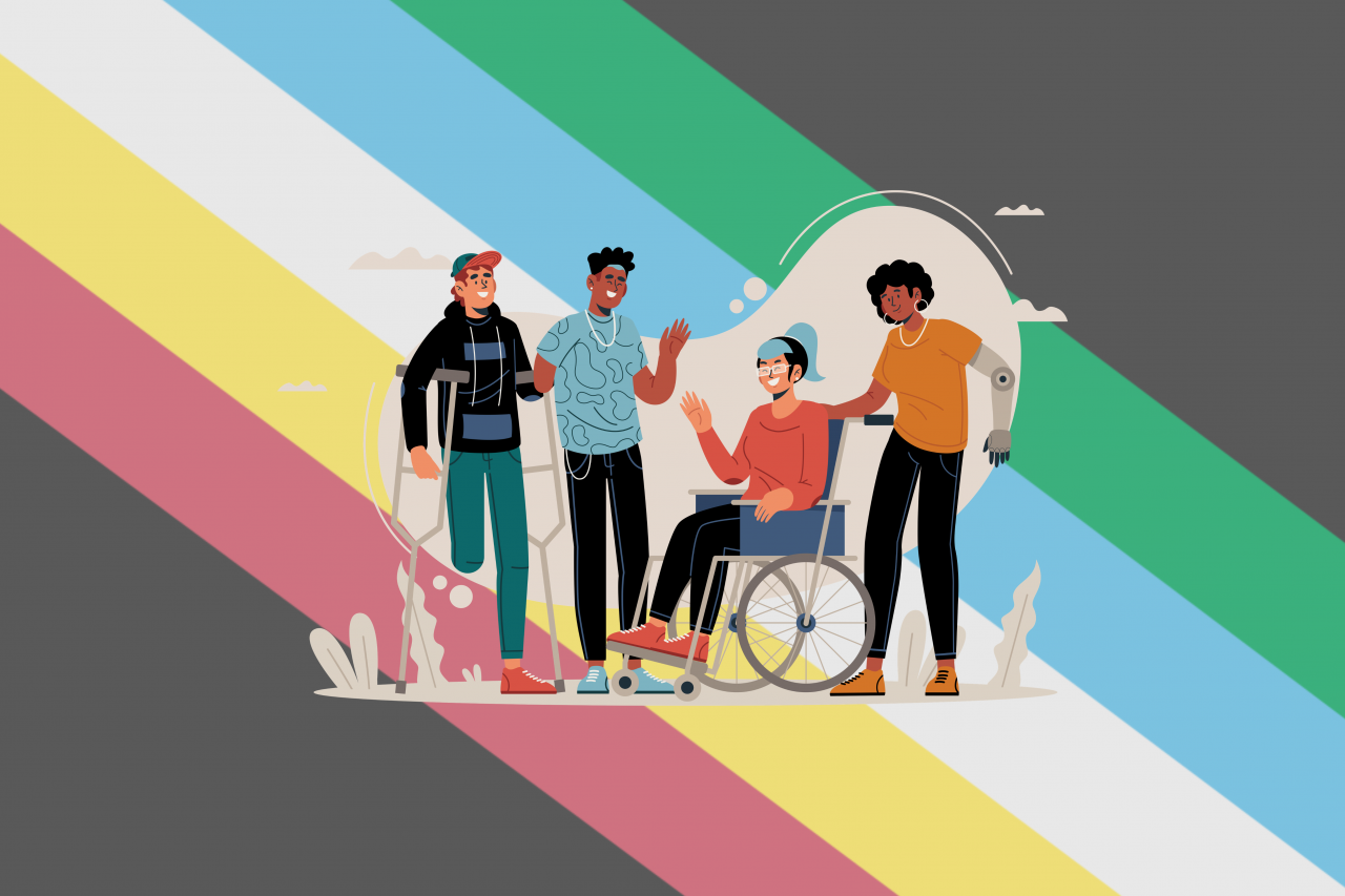 Four people with different disabilities together with the disability pride flag in the background.