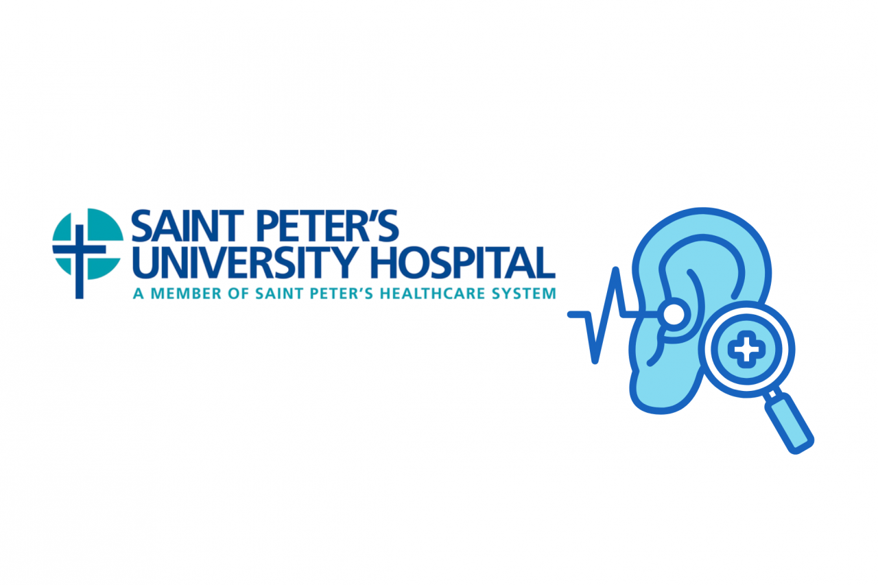 Saint Peter's University Hospital logo on left, with a hearing check icon on the right.