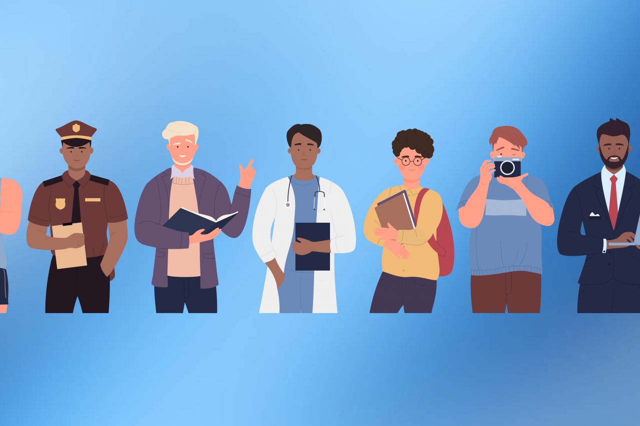 Men of different occupations with a blue ombre background.