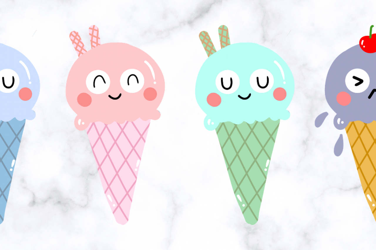 Illustration of all kinds of ice cream scoops with fun faces and toppings on cones in many colors.