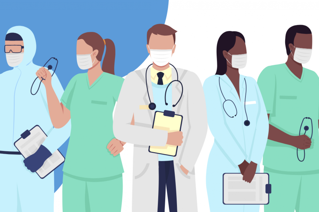 Health Professionals on a blue and white background.