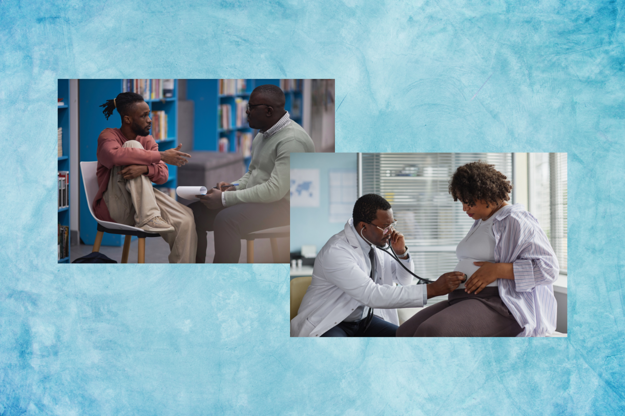 Images of Black healthcare practitioners with their patients during medical visits.
