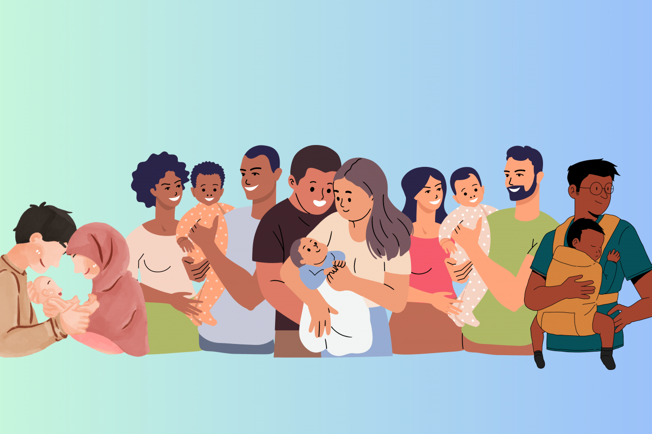 Maternal & Paternal Health Table, green to blue ombre background and different people holding a baby.