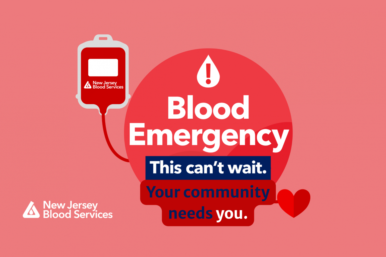 background vector art of floating blood bag connecting to a heart; the NJBS logo on the side; and a red circle with text reading "Blood Emergency. This can’t wait. Your community needs you.”