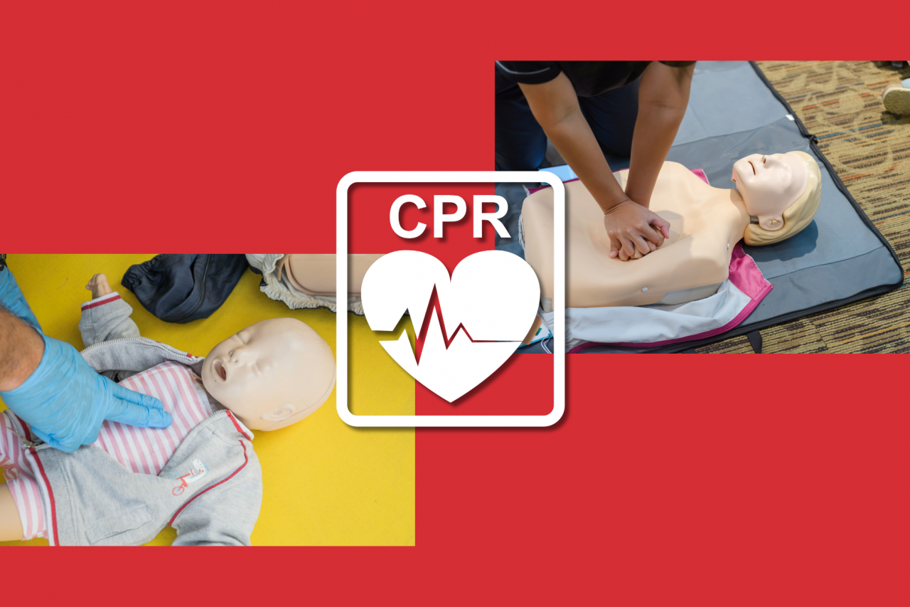 red background with pictures of demonstrations of chest compressions on adult and infant cpr dummies with a vector icon in white of a heart and the acronym 'cpr'