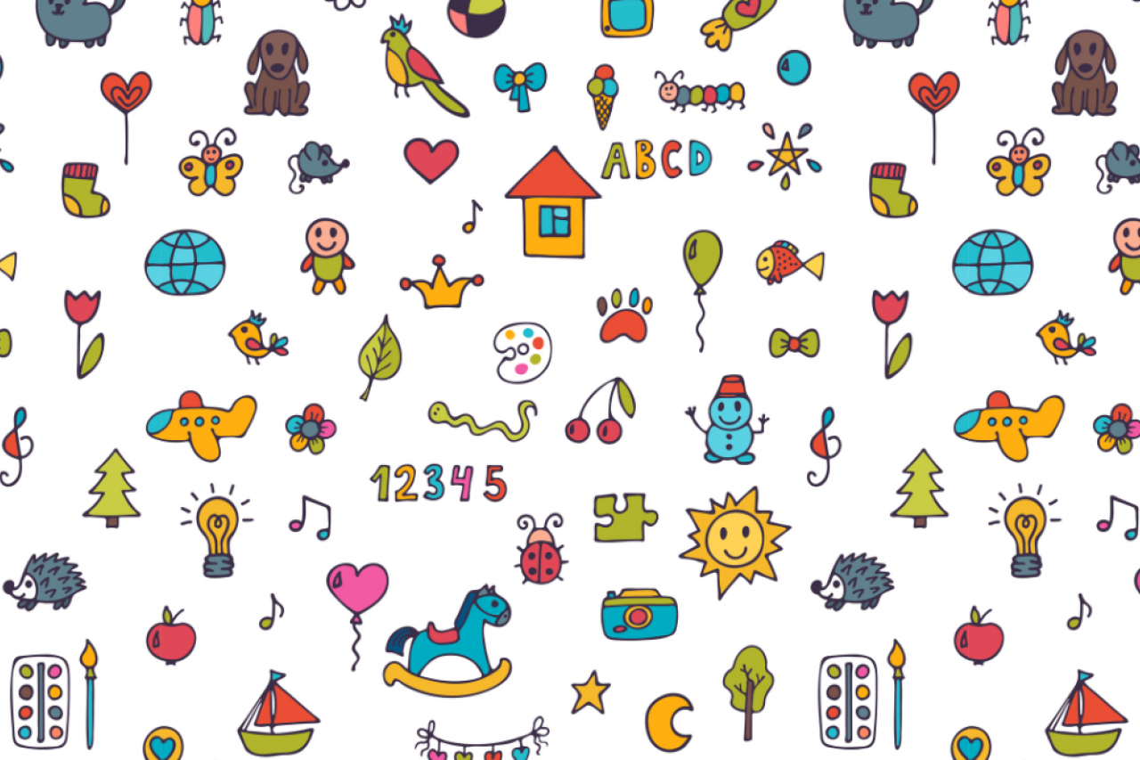 A blank background with a pattern of music notes, numbers, bugs, animals, & nature symbols.