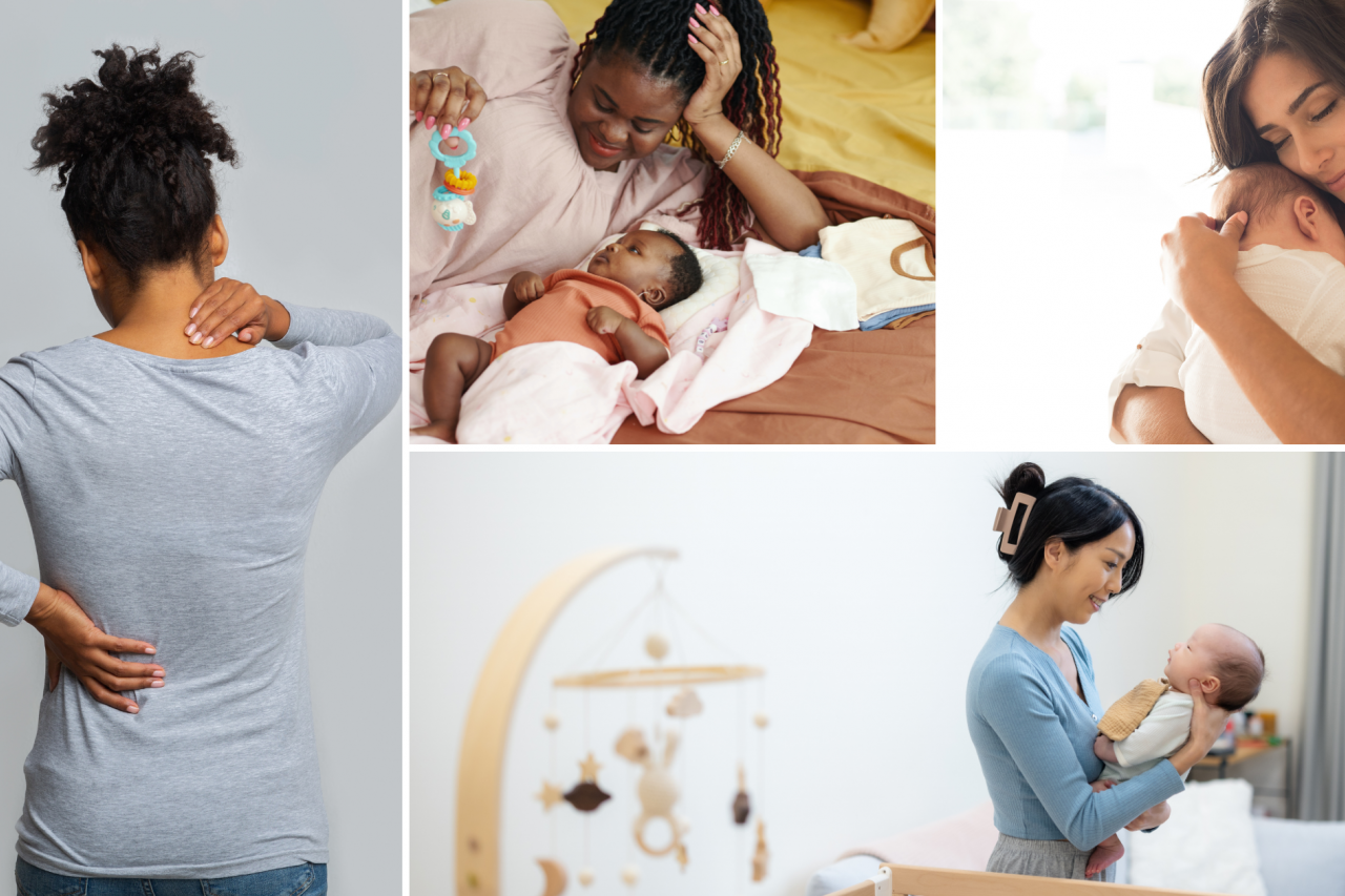 Left: Woman with neck and lower back pain. Top left: mom enjoying playtime with newborn baby. Top right: mom carrying newborn baby. Bottom right: mom cradling newborn baby in nursery.