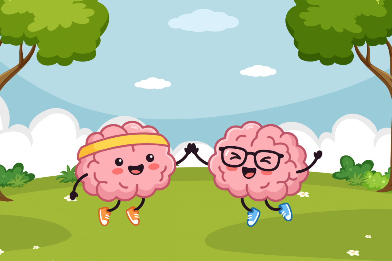 Illustration of two happy anthropomorphic brains outside, having fun, giving each other a high five.