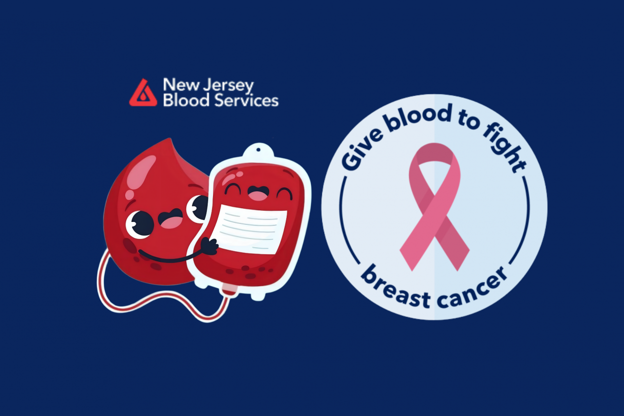 Illustration of an anthropomorphic blood drop smiling and holding a smiling blood bag, with text reading “give blood to fight breast cancer” to the right alongside a pink ribbon. At the top is the logo for New Jersey Blood Services.
