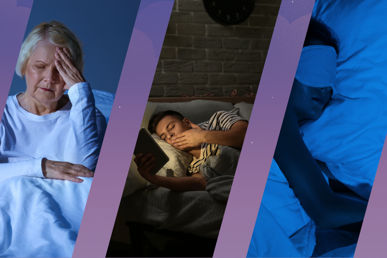 On the left, an image of an older woman being sleep deprived; in the middle, an image of a young man doom scrolling before bedtime; on the right, an image of a woman wearing a sleep mask to bed.