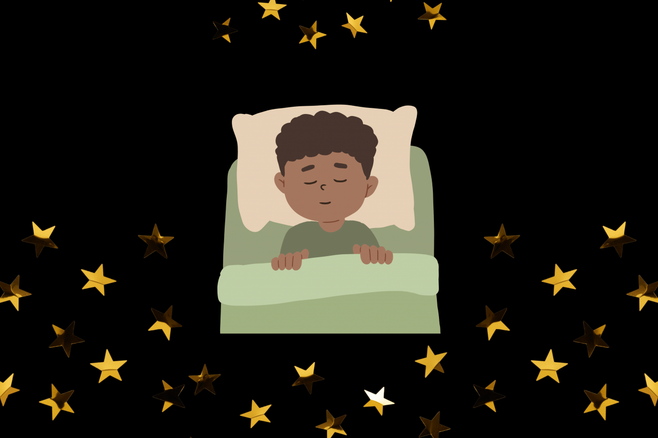 Person sleeping in a green bed with a black background that has golden stars.