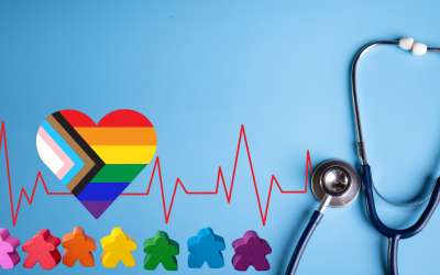 A heart-shaped LGBTQ+ Pride Flag along an electrocardiogram pulse line leading to a stethoscope, while a line of people shapes in a range of rainbow colors stands underneath the heart.