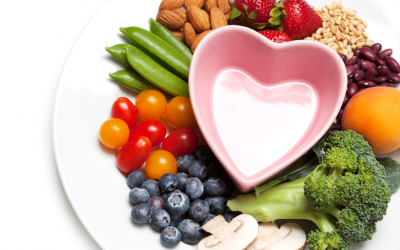 fruits, vegetables, grains, and protein on a plate around a heart-shaped bowl