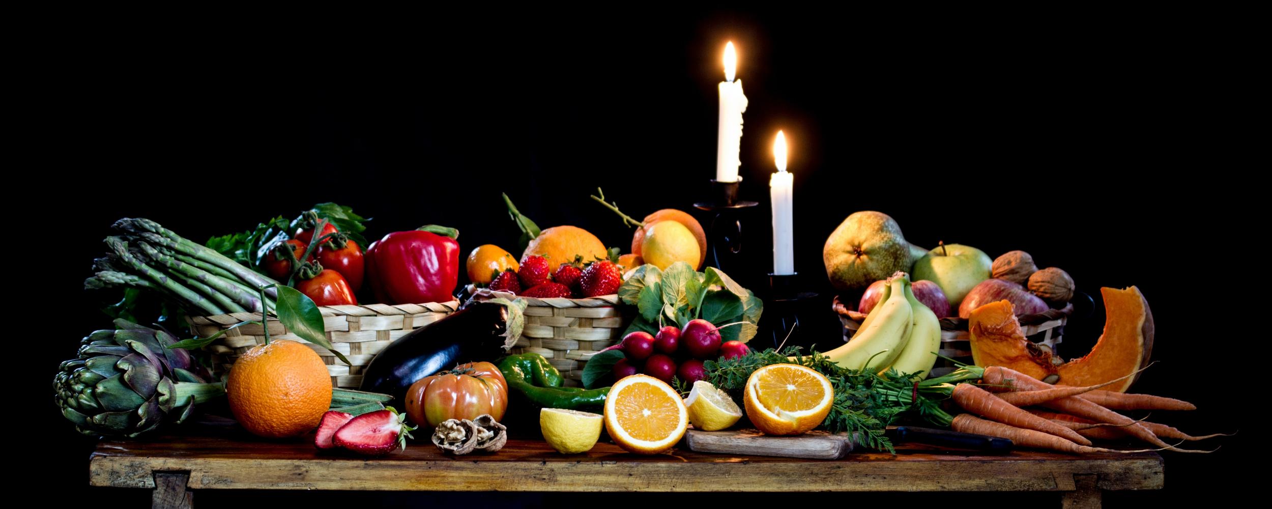 a table of different fruits and vegetables