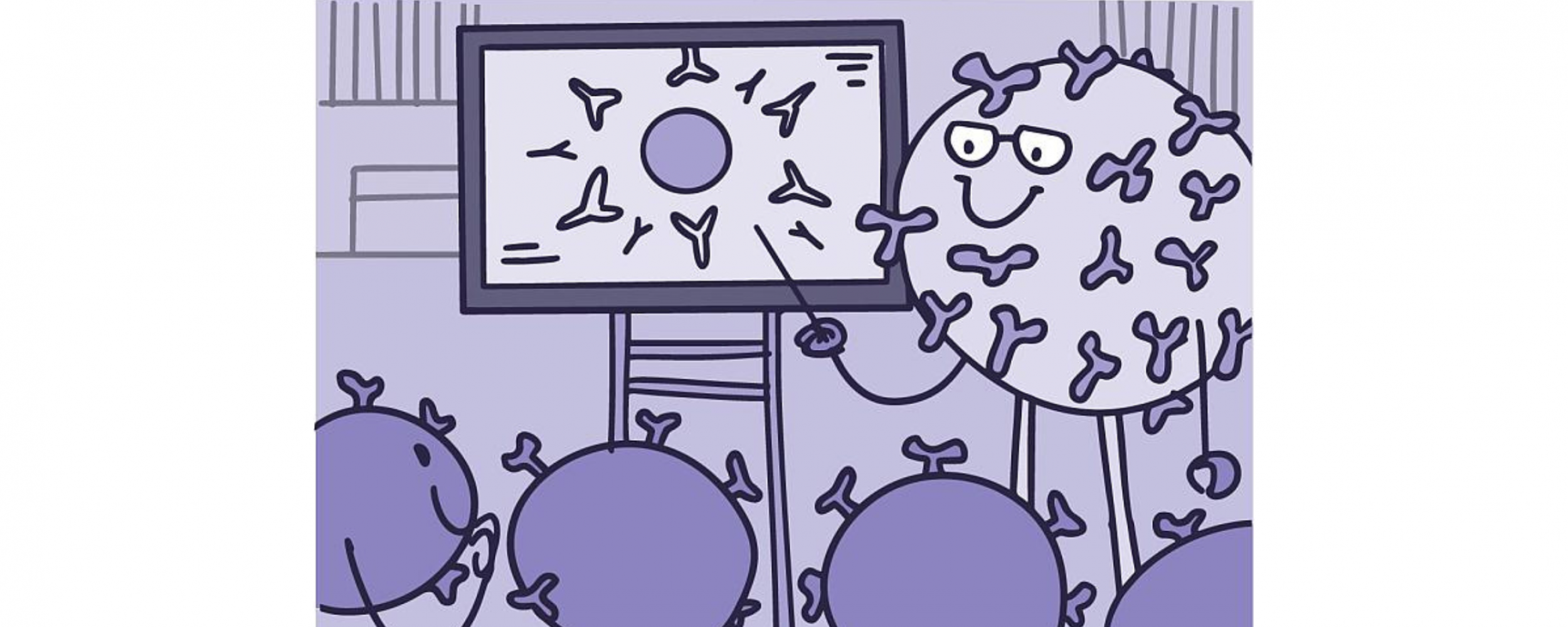 Illustration of immune cells being taught by a teacher in a classroom