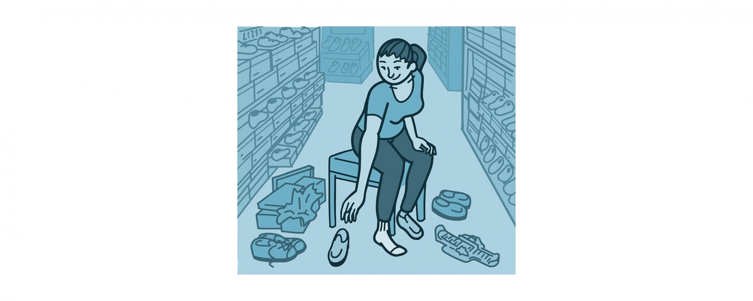Illustration of a woman at a shoe store trying on shoes