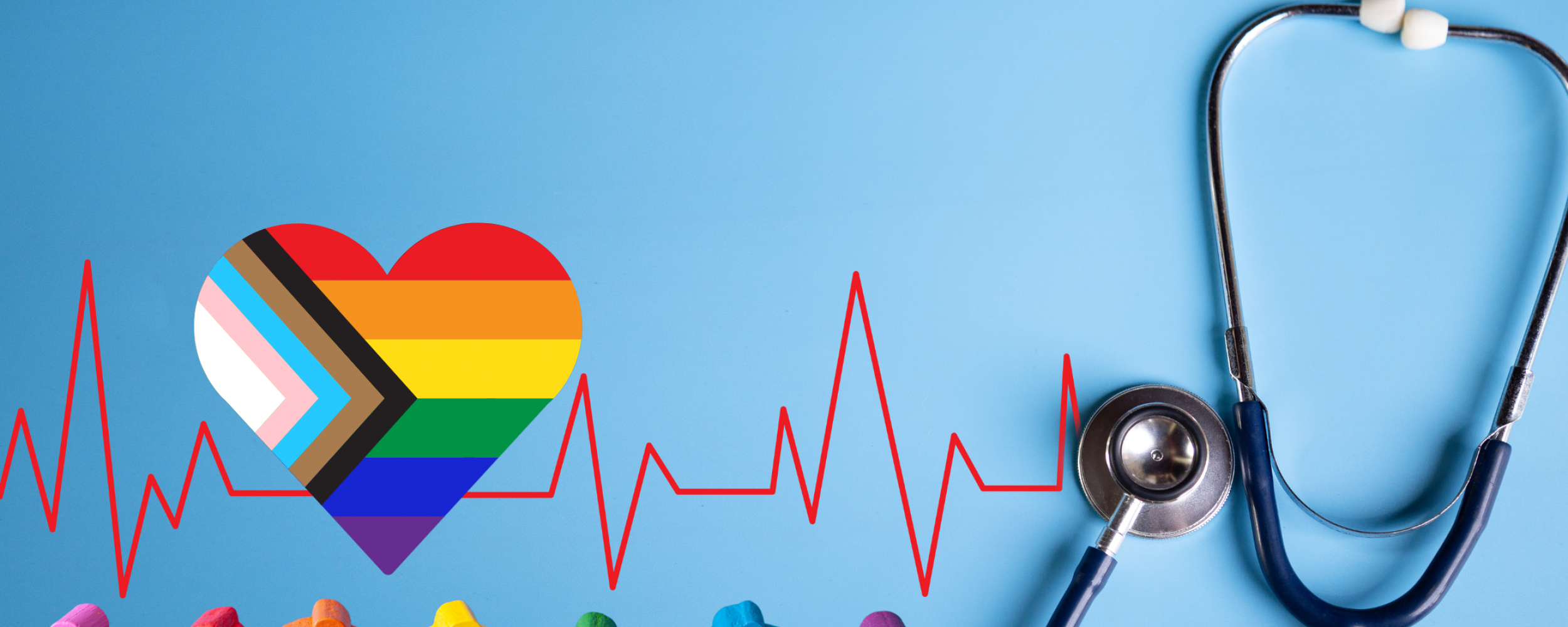 A heart-shaped LGBTQ+ Pride Flag along an electrocardiogram pulse line leading to a stethoscope, while a line of people shapes in a range of rainbow colors stands underneath the heart.