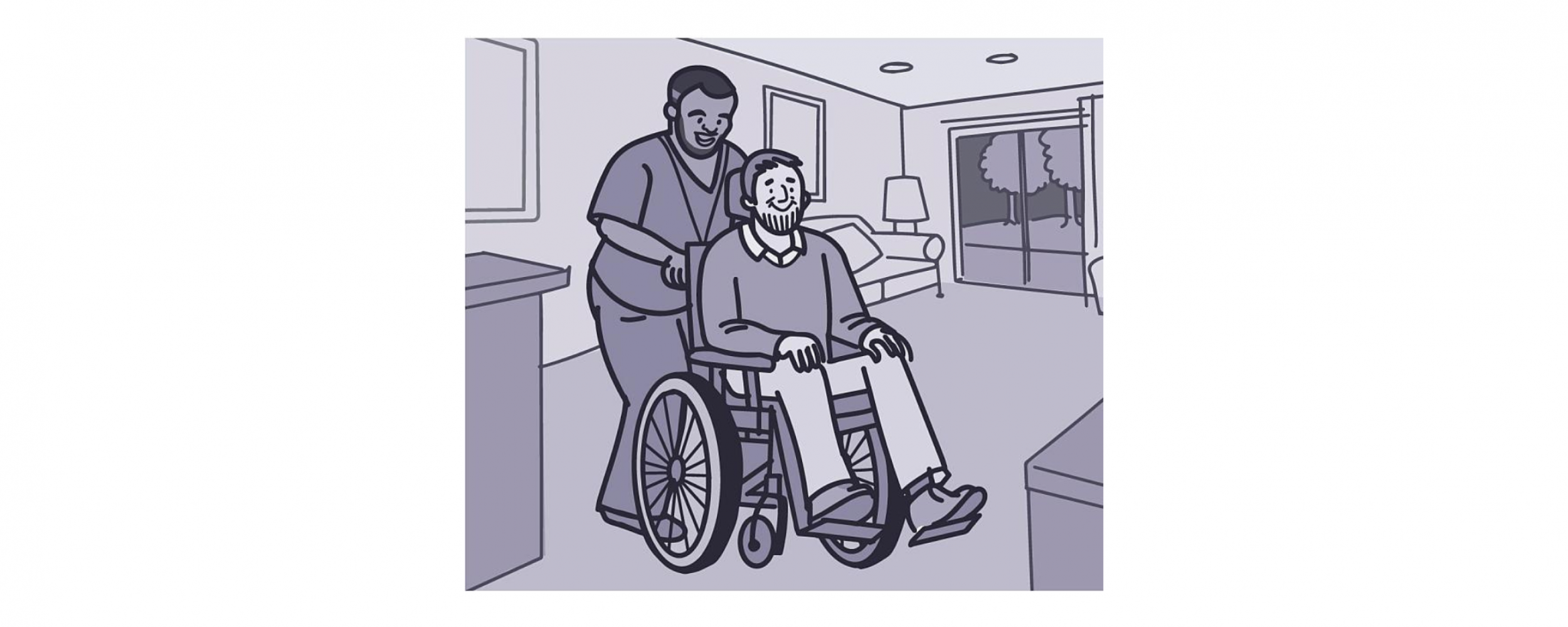 Illustration of a health care worker pushing a person with ALS in a wheelchair