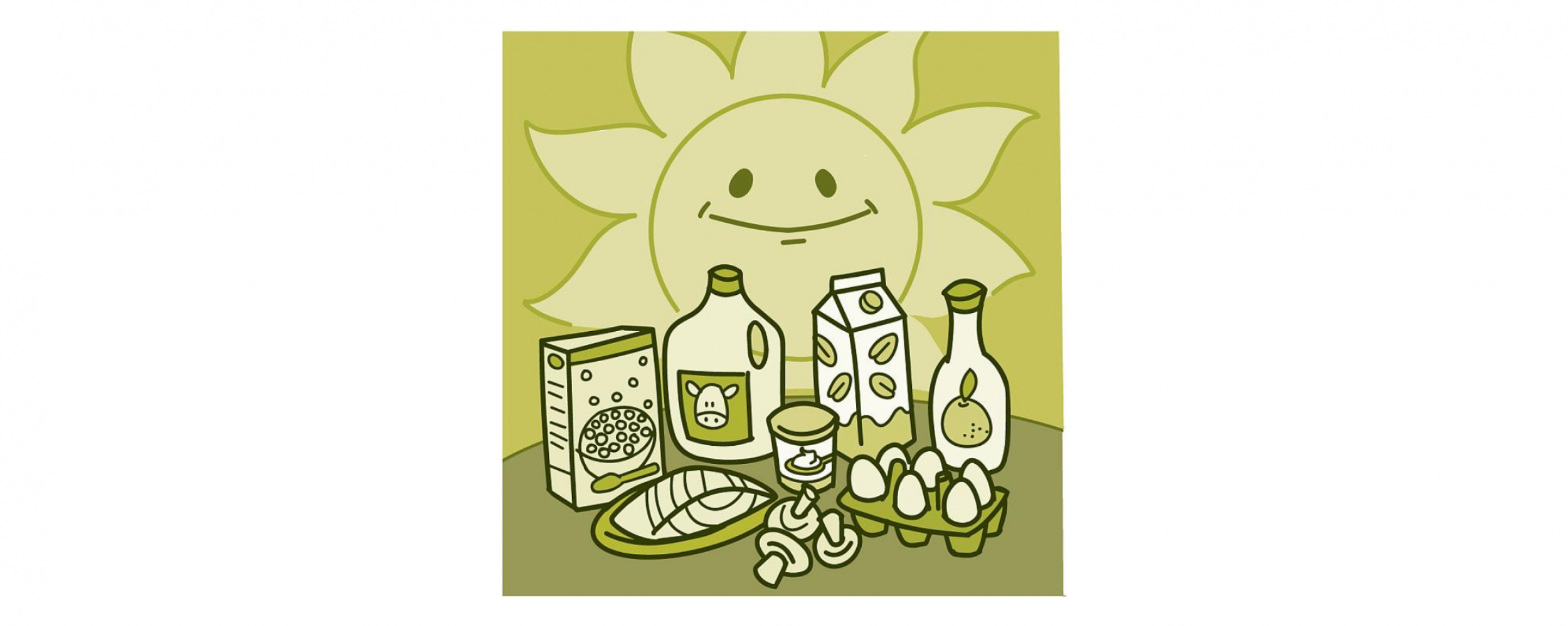 Illustration of the sun shining down on foods with vitamin D