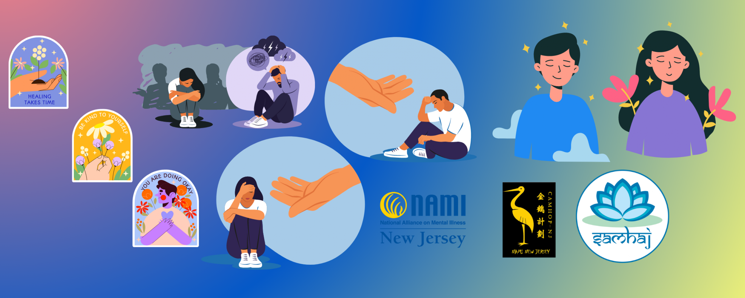Progressing from upper left to lower right, mental health distress to getting help to healing and stable mental health, with positive messages.