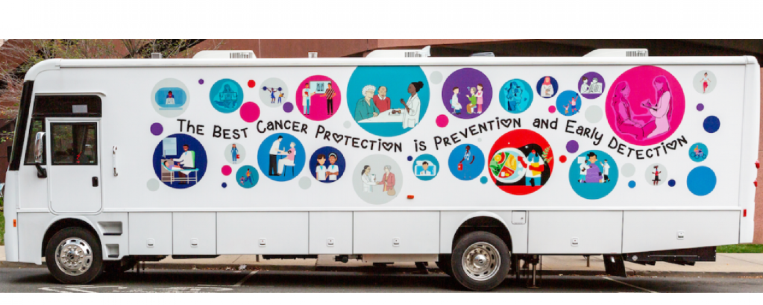 Picture of Screen NJ's "LifeSaver" Mobile Health Unit bus' side-long banner which reads, 'The best cancer protection is prevention and early detection'.