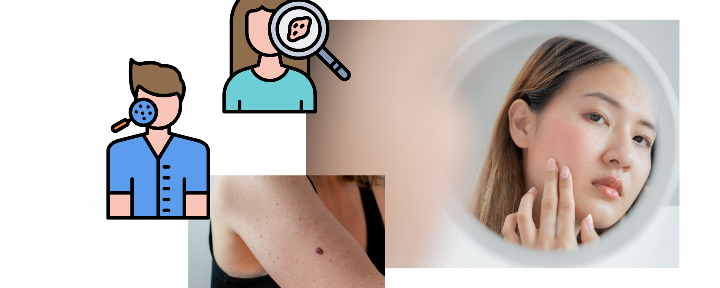 Vector art of a man and woman getting a skin checkup; a woman looking at her face in the mirror; closeup of a person’s arm that has a mole