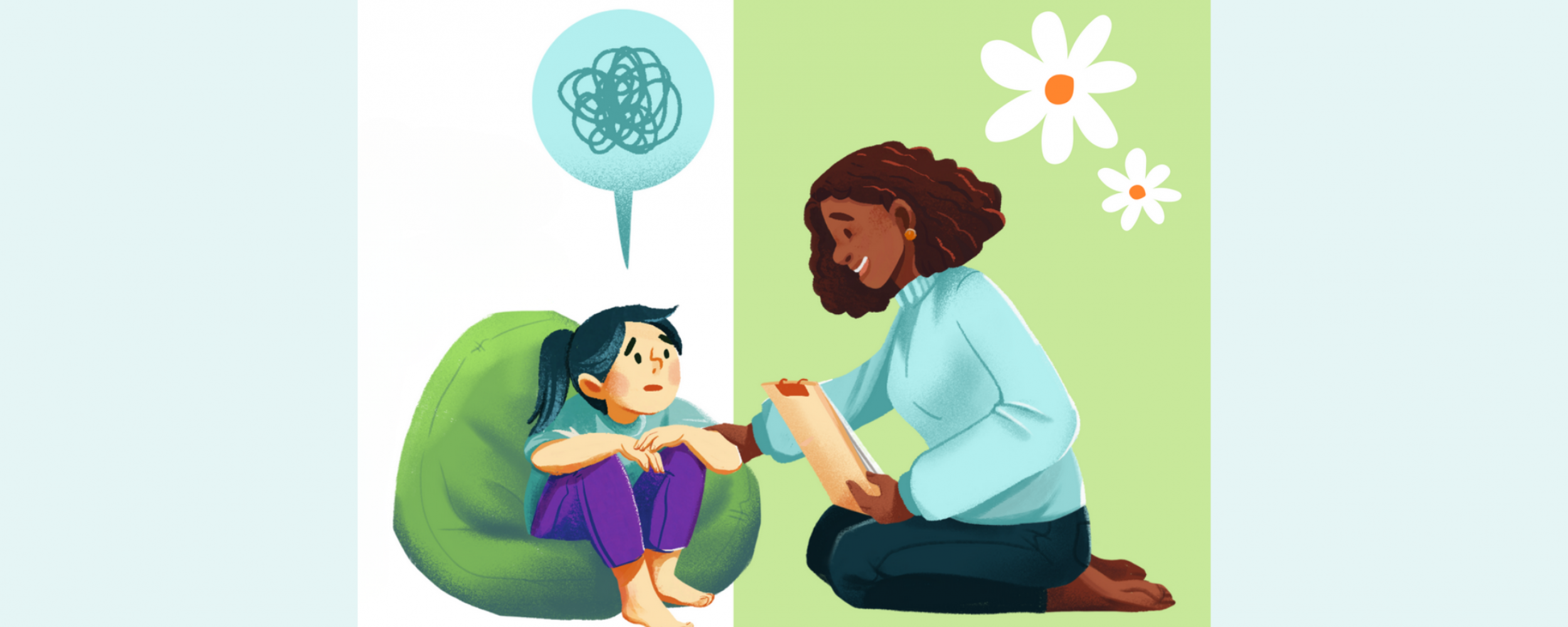Illustration of an adult woman kneeling on the floor comforting or calmly talking with an anxious child sitting on a bean bag.