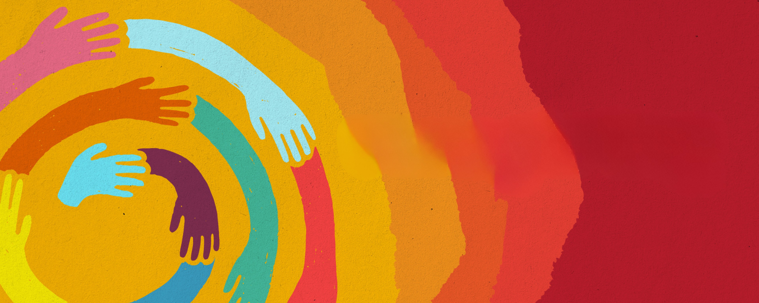 red-orange-yellow background with colorful hands set in a spiral