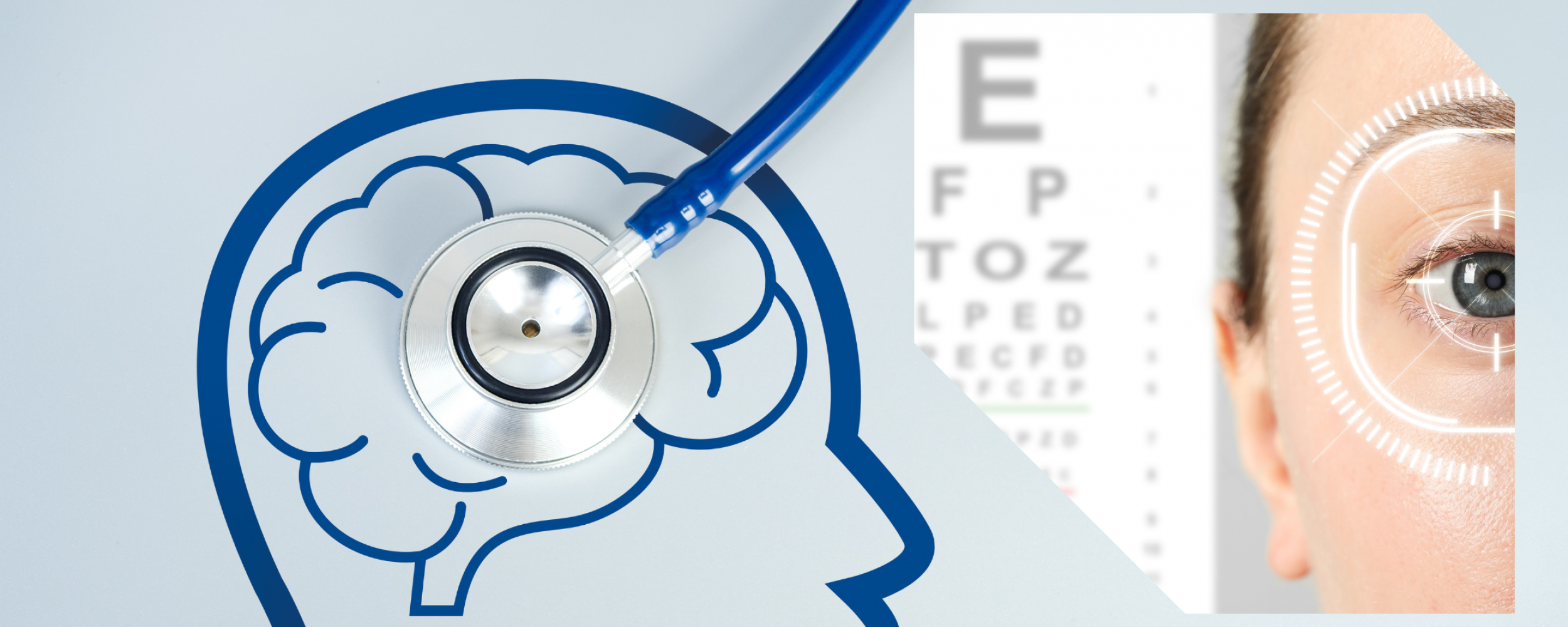 An image of a stethoscope on top of an illustrated human head and brain in reference to cognitive health, alongside an image of a young woman having a vision assessment with an eye chart.
