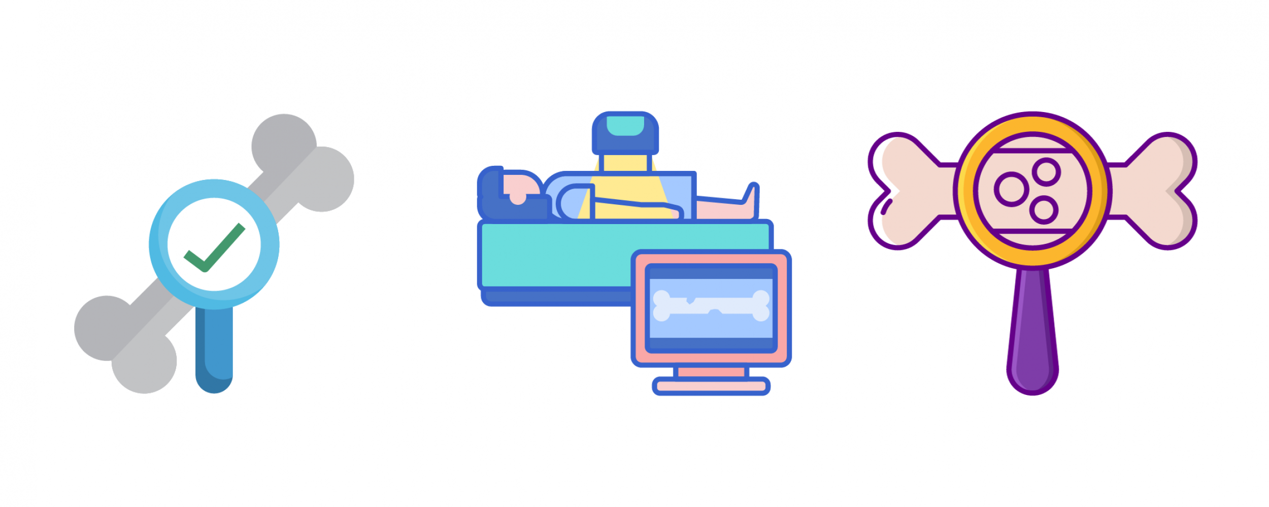 Bone density testing icons on both sides of an illustration of someone undergoing a bone density imaging test