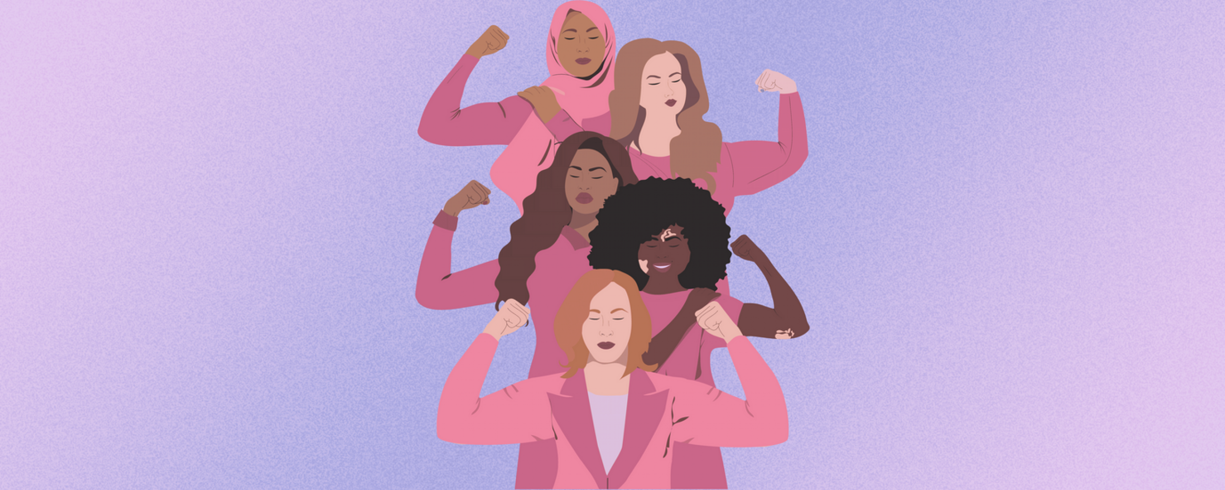 A group of women wearing pink making a muscle gesture on a pink and purple ombre background.