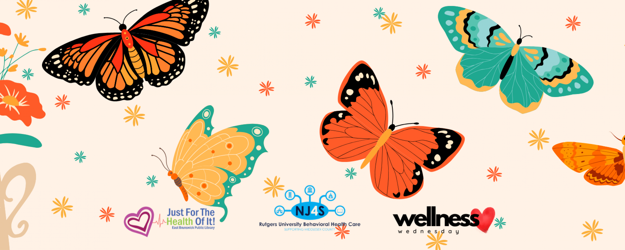 Illustration of a flower bouquet on the left, with butterflies flying around a floral background. Logos at the bottom include Just For The Health Of It!, NJ4S, and Wellness Wednesday.