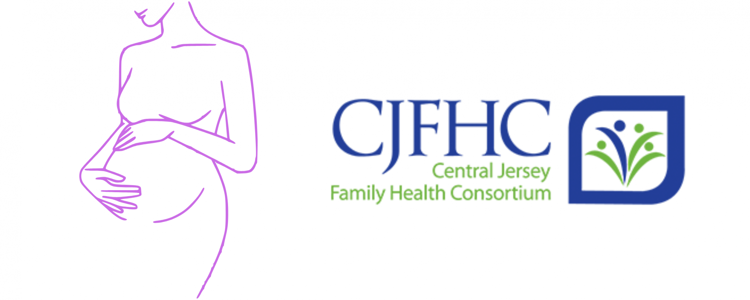 Line art of pregnant person on the left, with the CJFHC logo on the right.