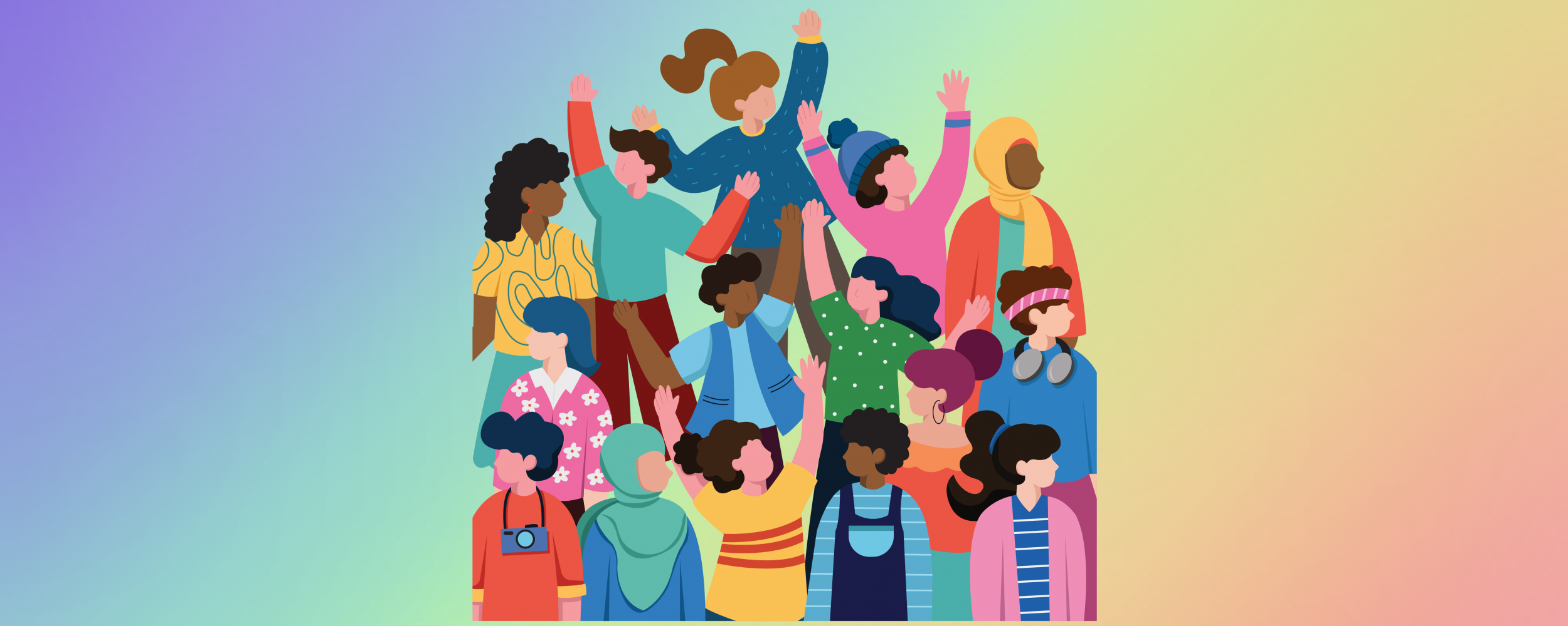 Illustration of people of all gender, ethnicities, orientations celebrating community as a group.