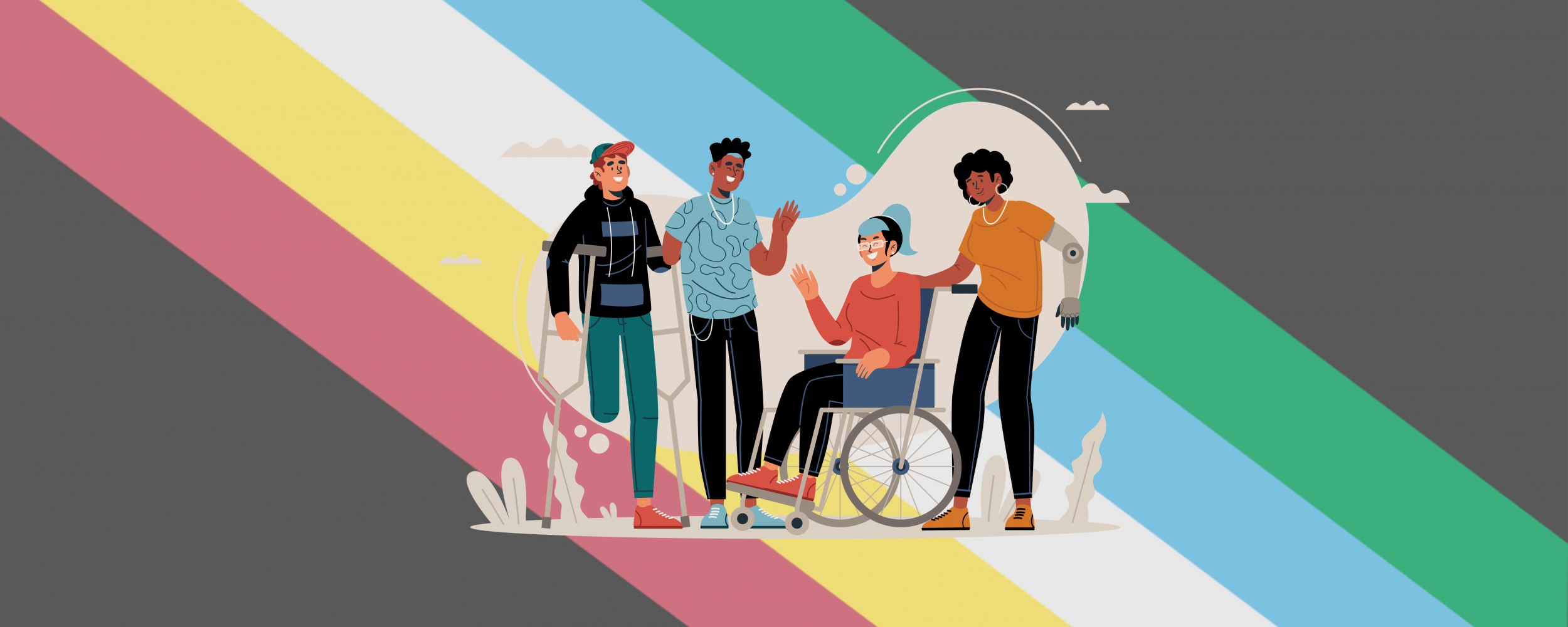 Four people with different disabilities together with the disability pride flag in the background.