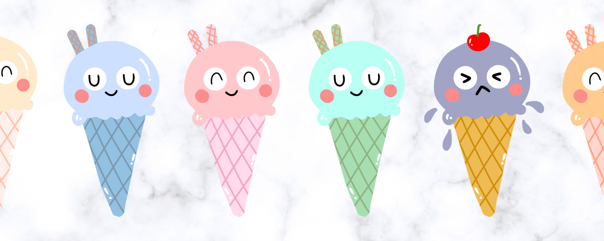 Illustration of all kinds of ice cream scoops with fun faces and toppings on cones in many colors.
