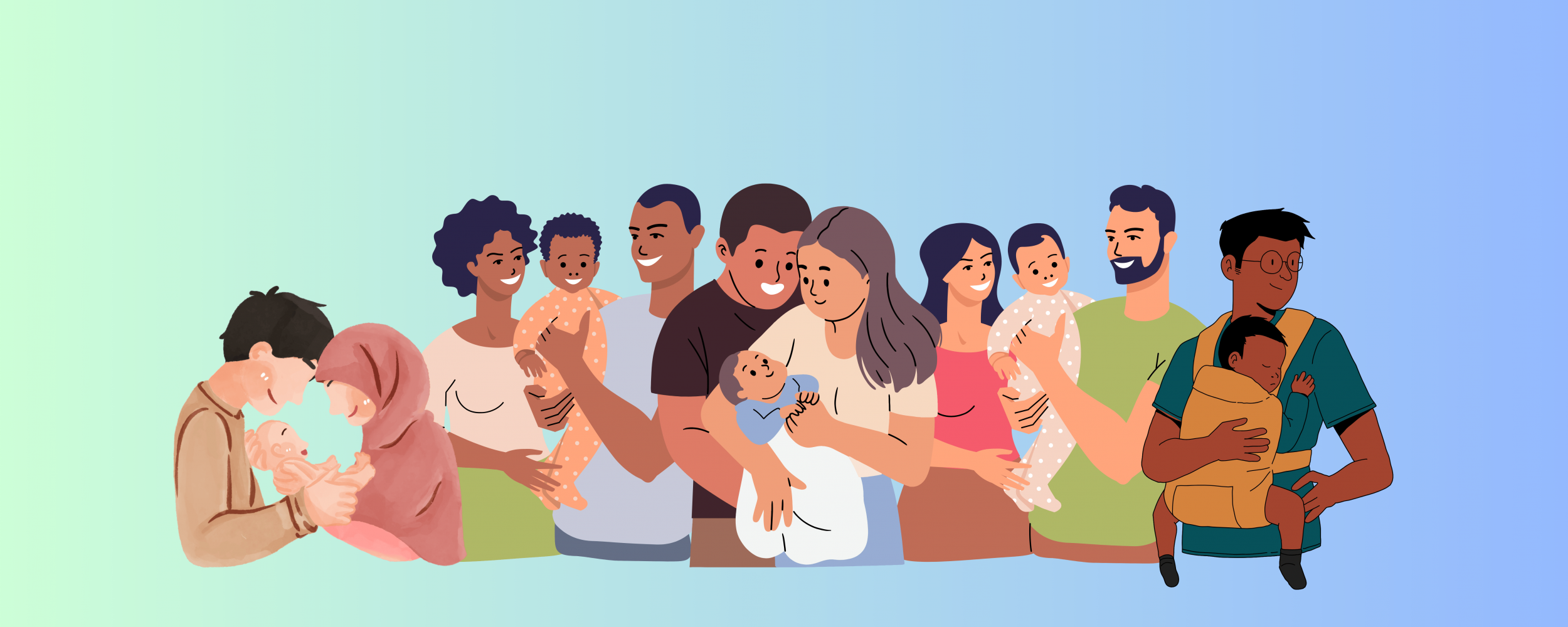 Maternal & Paternal Health Table, green to blue ombre background and different people holding a baby.