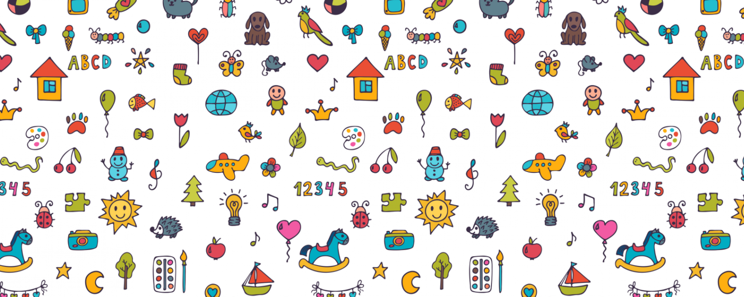 A blank background with a pattern of music notes, numbers, bugs, animals, & nature symbols.