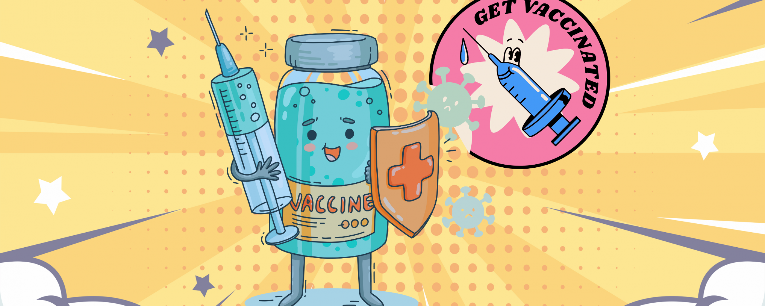 illustration of anthropomorphic vaccine carrying a syringe and a shield, with a message stating 'get vaccinated'