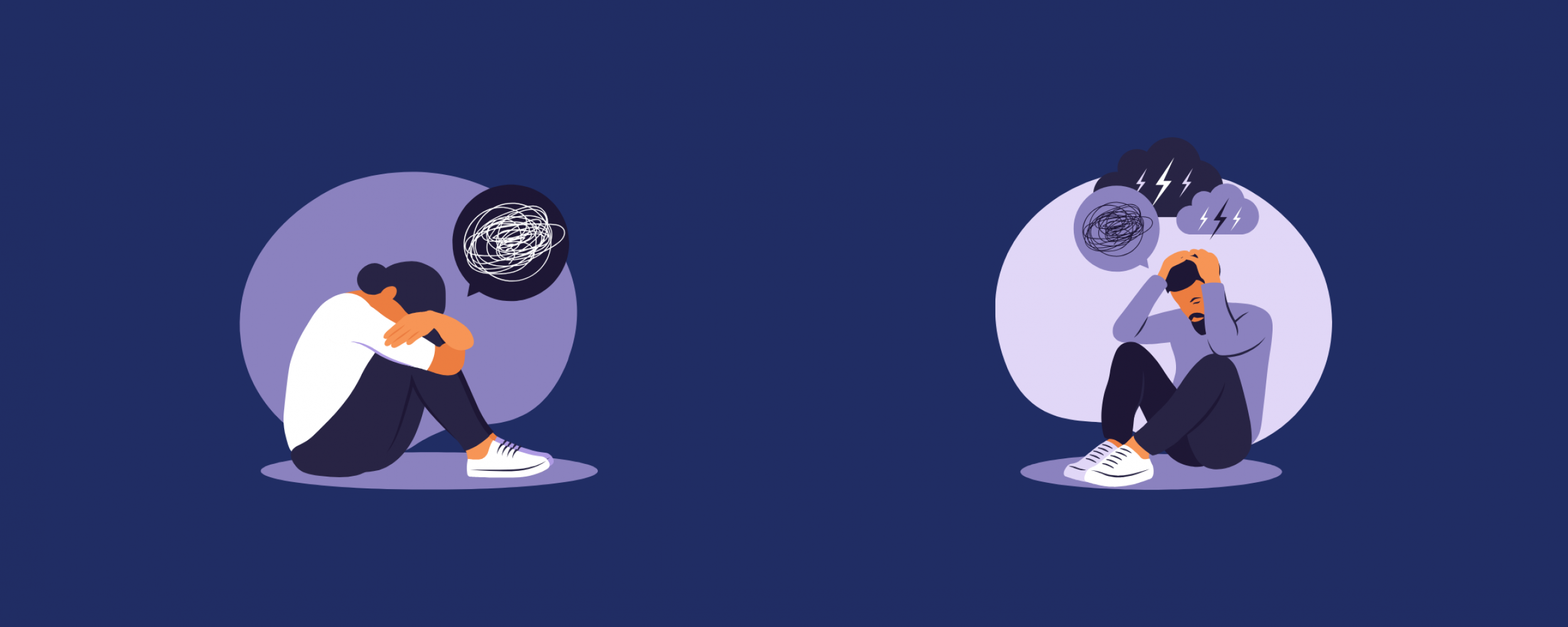Illustrations of a young woman with her head resting on her knees while sad and a young man with his hands on his head in frustration.