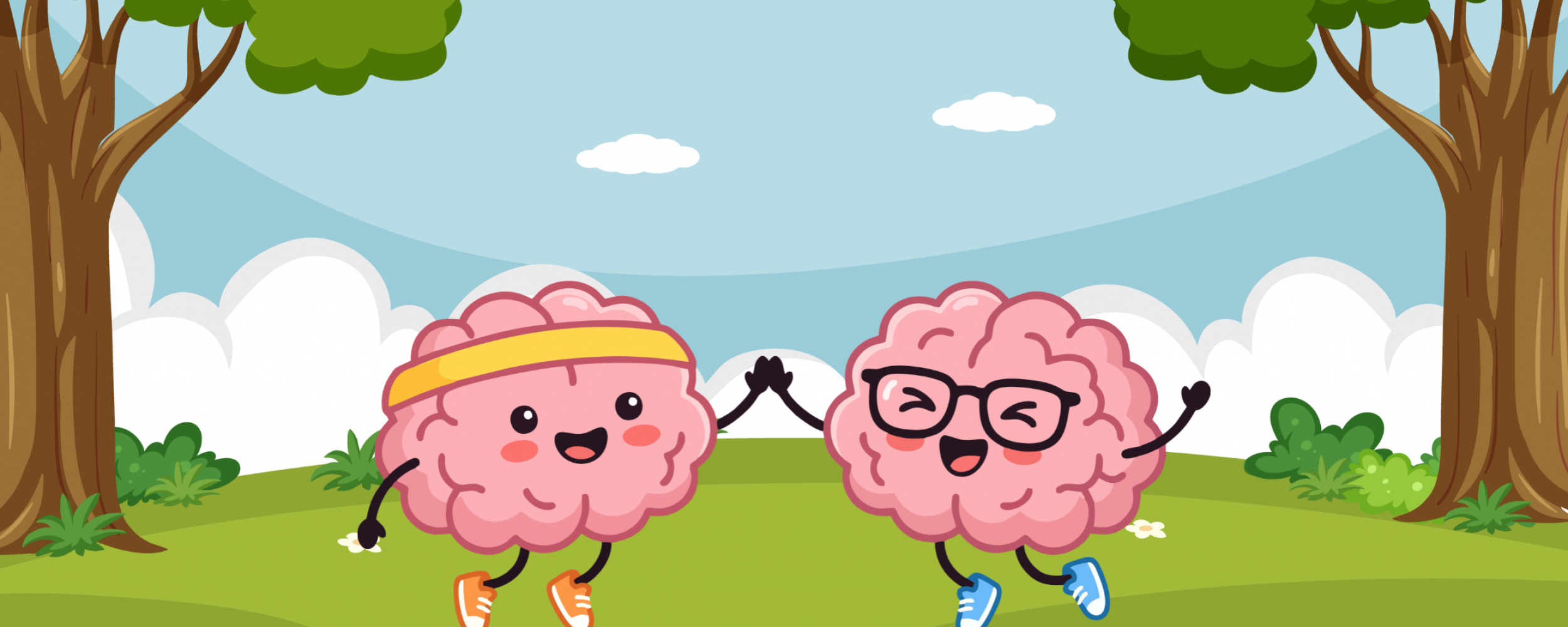 Illustration of two happy anthropomorphic brains outside, having fun, giving each other a high five.