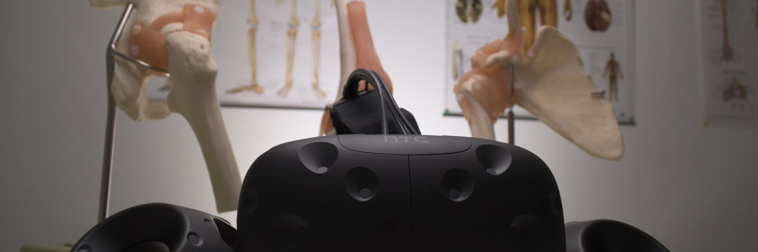 VR set with skeleton diagram in background