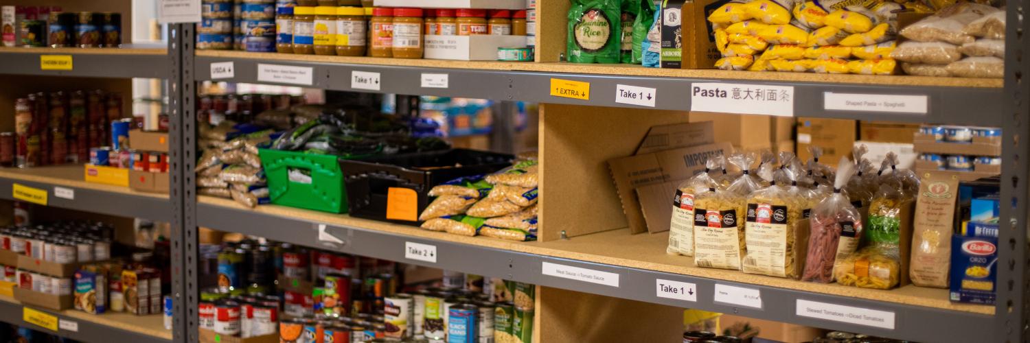 a shelf of items at a food pantry