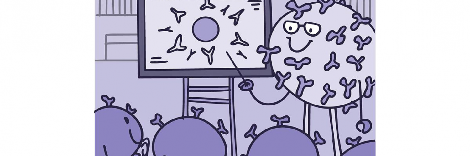 Illustration of immune cells being taught by a teacher in a classroom